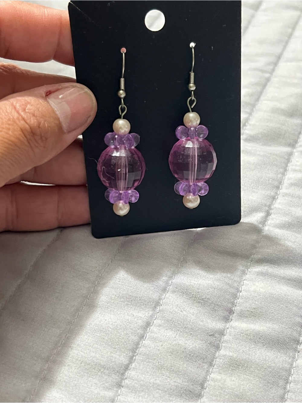 Handmade Purple Bead Dangle Earrings by